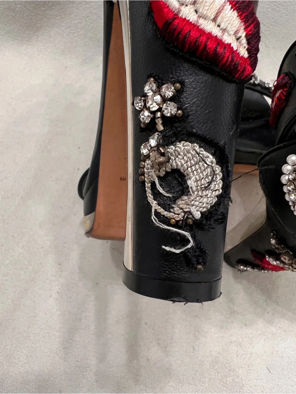 Alexander McQueen Leather Black Embellished Crystal & Embroidered Heel Sandals